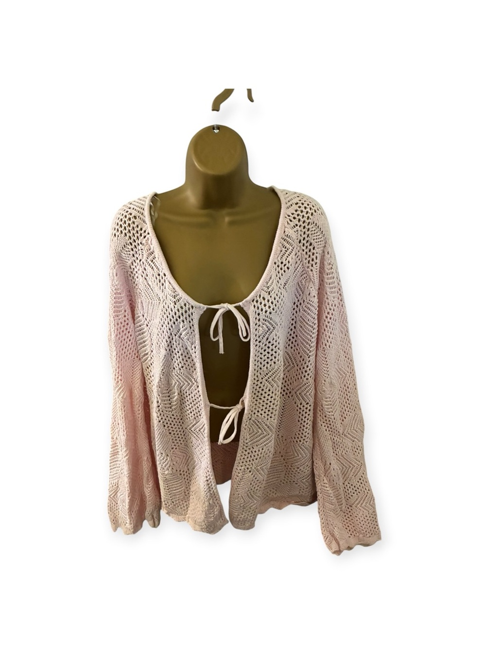 Celebrity Pink Long Tie Front Crochet Cardigan Bell Sleeve Chintz Rose XXXL